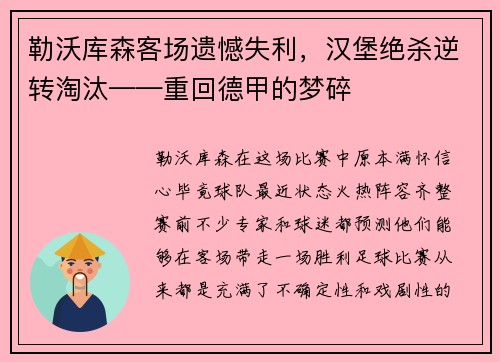 勒沃库森客场遗憾失利，汉堡绝杀逆转淘汰——重回德甲的梦碎