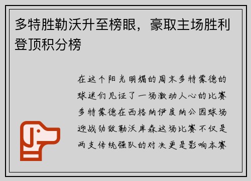 多特胜勒沃升至榜眼，豪取主场胜利登顶积分榜